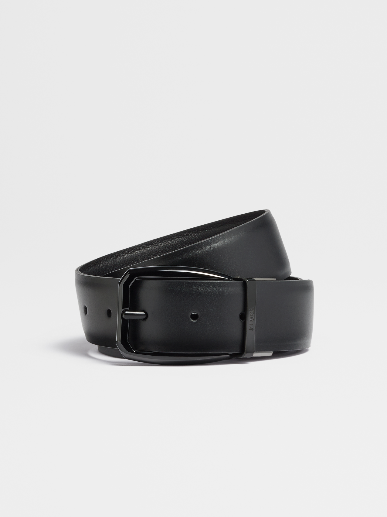 Black Hand-Buffed Leather and Black Grained Leather Reversible Belt